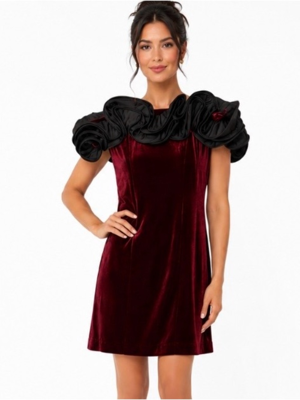 Aiden Martin Velvet Burgundy Strapless Dress with Black Rosette Shoulders size 6